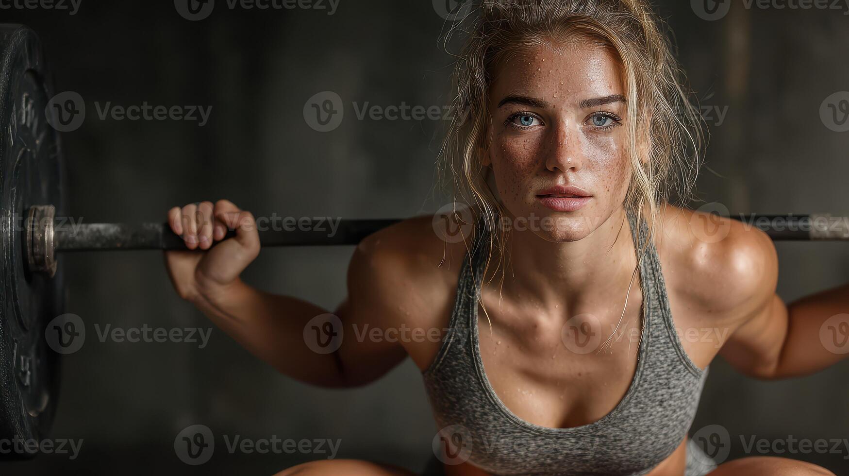 Young woman lifts weights in a gym during strength training session showcasing determination and focus photo
