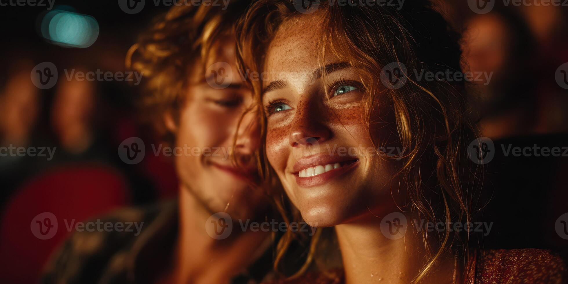 Romantic evening at the cinema with couple enjoying a film and sharing a close moment filled with laughter photo