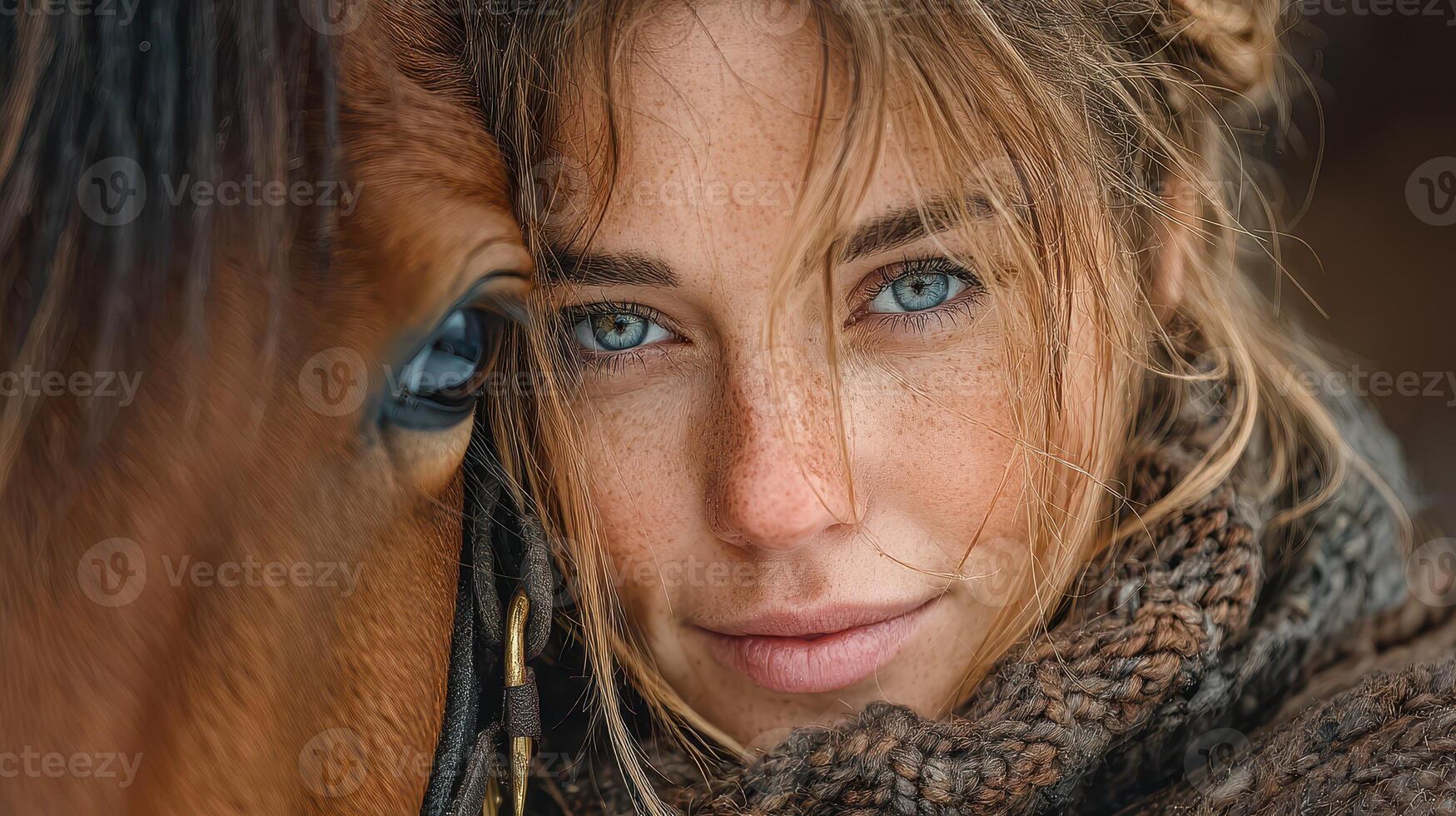 Young woman smiling while closely interacting with a horse in a rustic environment during daylight photo