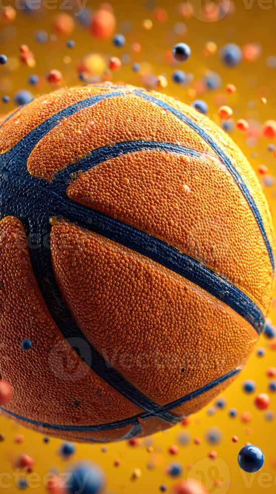 Bright orange basketball with texture against a vibrant yellow background filled with colorful spheres in mid-air photo