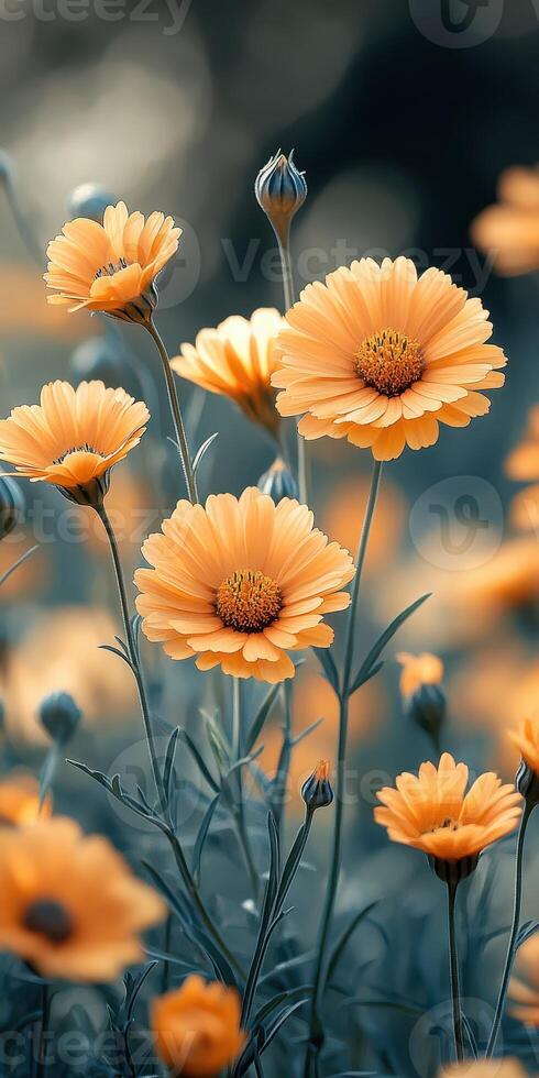 Vibrant orange flowers in bloom at a serene garden during the golden hour of afternoon light photo