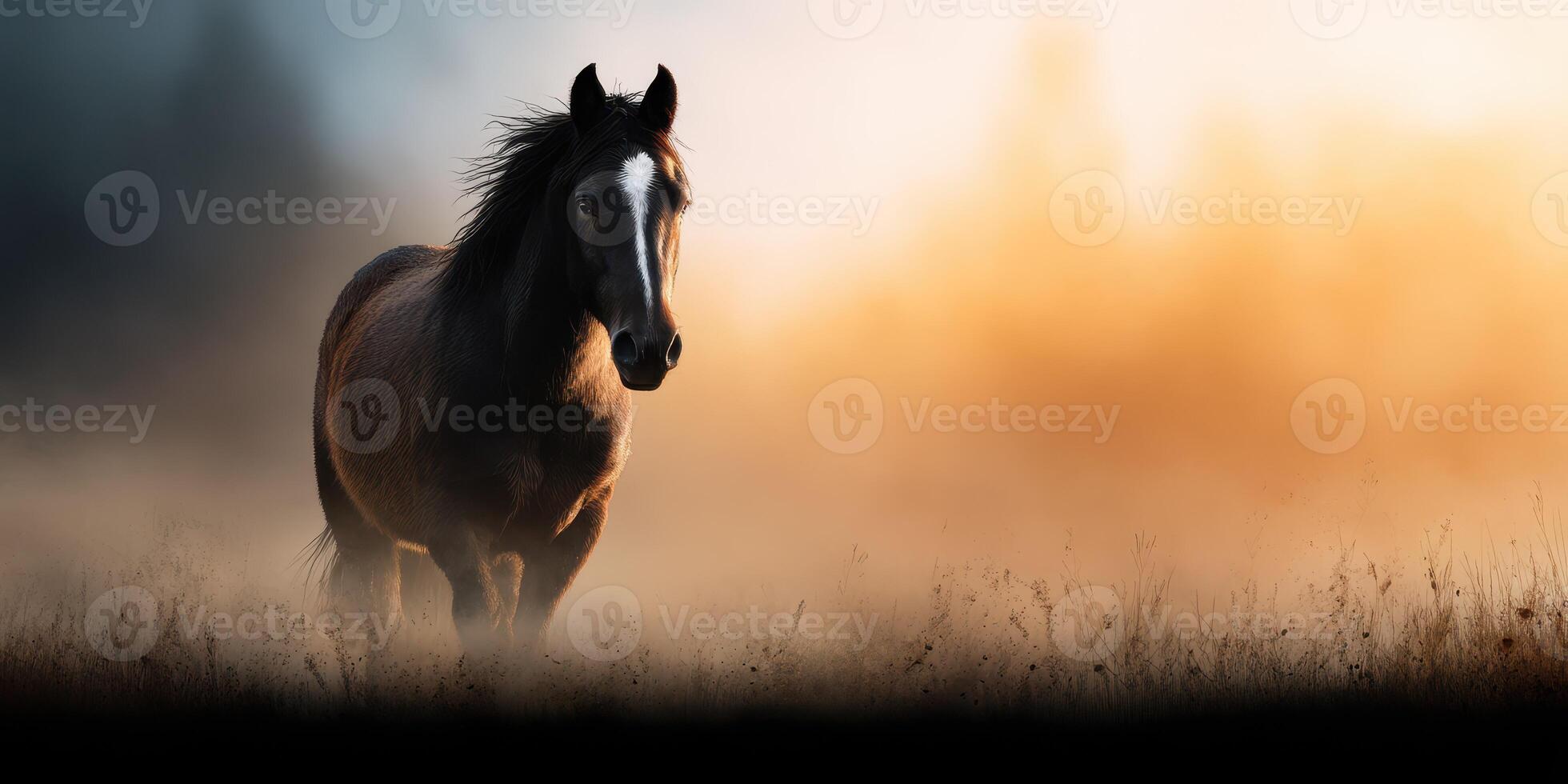 Wild horse stands in the misty field at sunrise, showcasing nature's beauty and the serene atmosphere of early morning photo