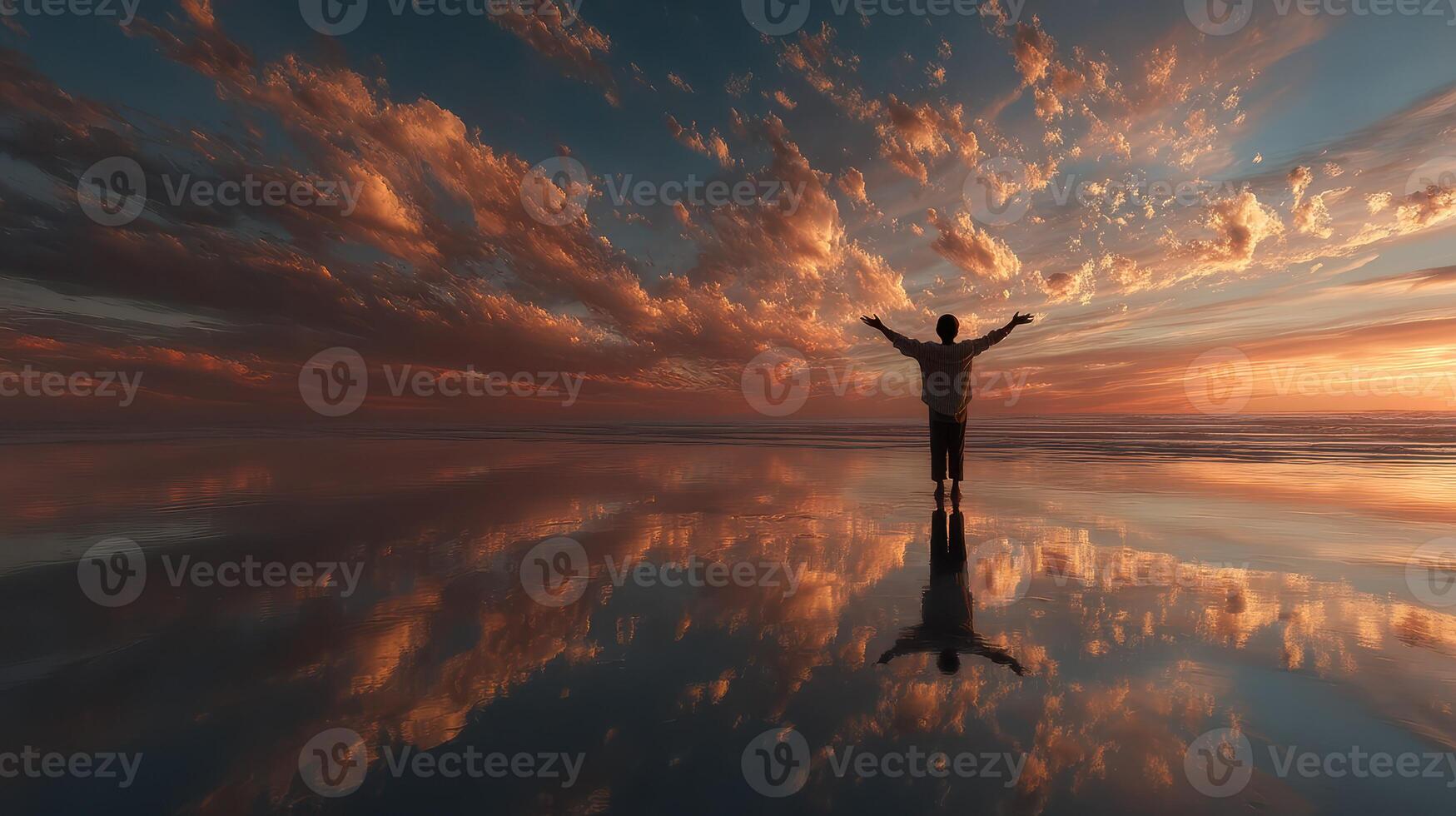 Sunset reflection over calm ocean with a silhouette of a person expressing joy at the shoreline photo