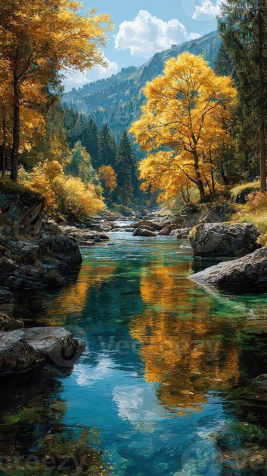 Autumn river flowing through a mountain landscape with colorful foliage and clear reflections photo