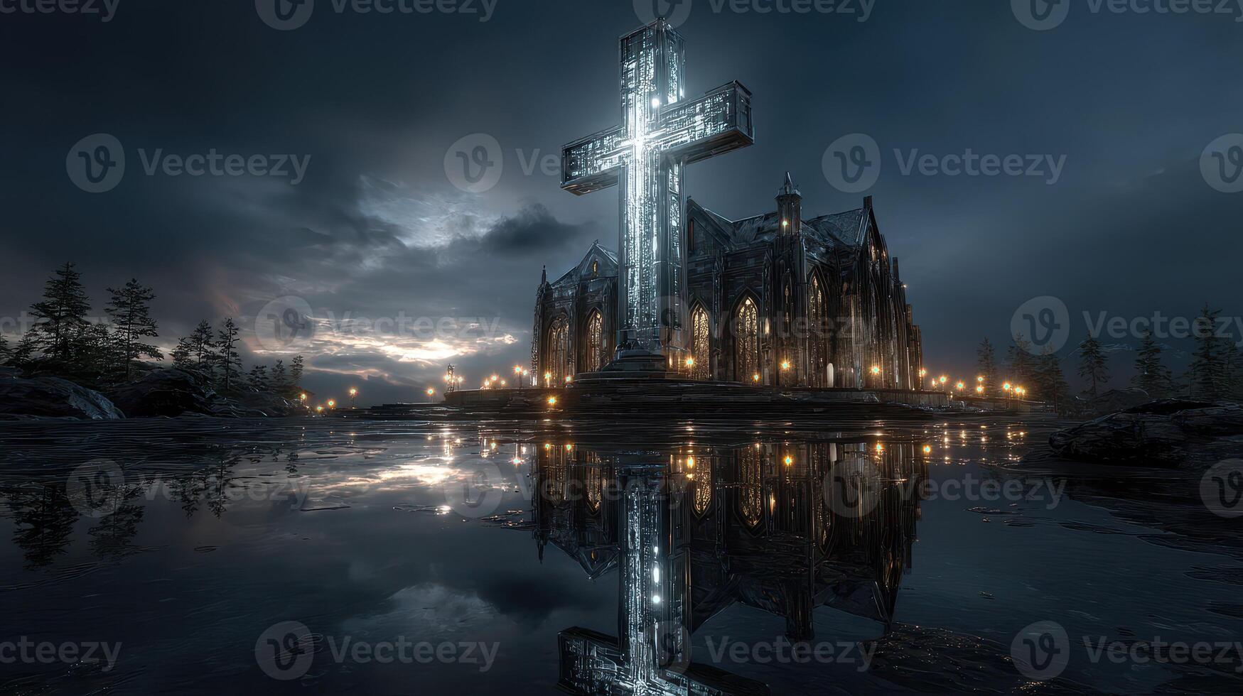 Stunning illuminated gothic church with a large cross reflecting in water at dusk photo