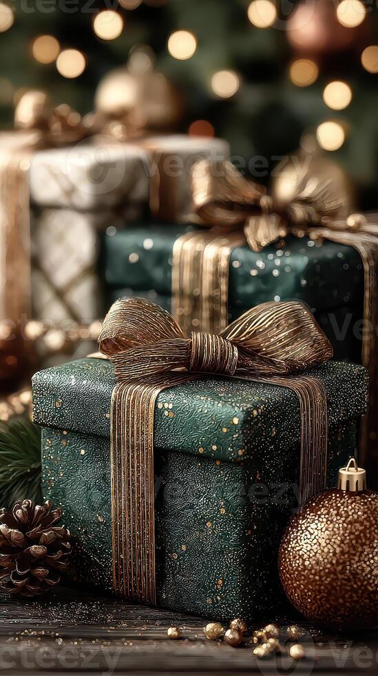 Gift boxes decorated with ribbon and ornaments displayed in a cozy holiday setting with soft lights photo