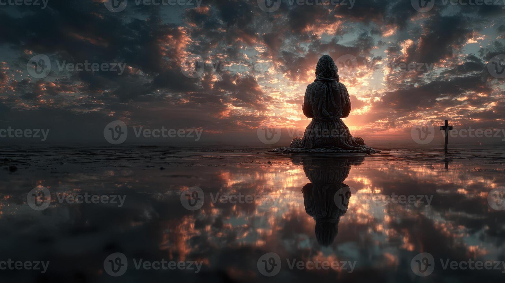 Serene sunset reflection near a peaceful statue amidst dramatic cloud formations photo