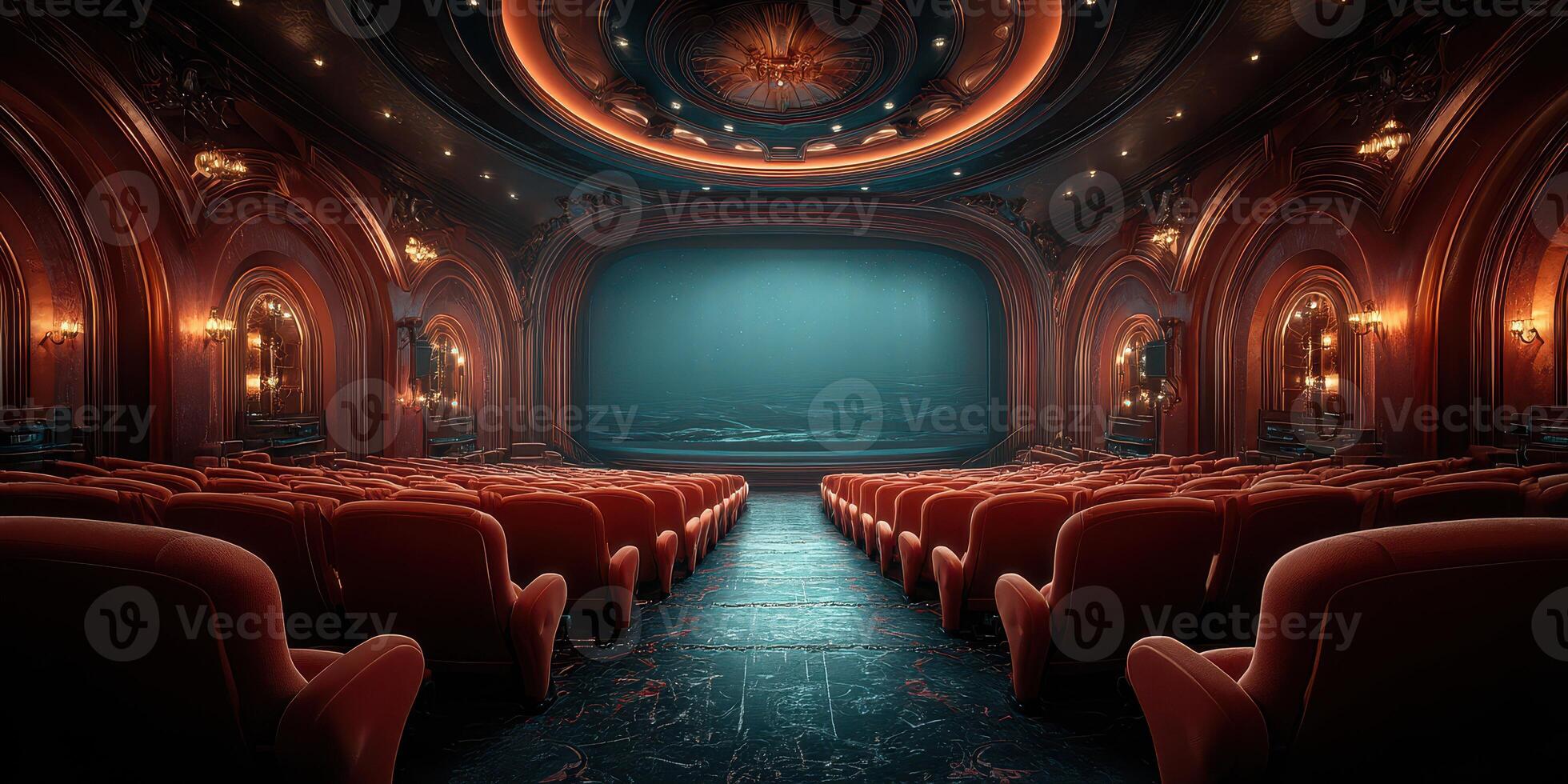 Elegant vintage theater with red velvet seats and illuminated stage before the performance photo