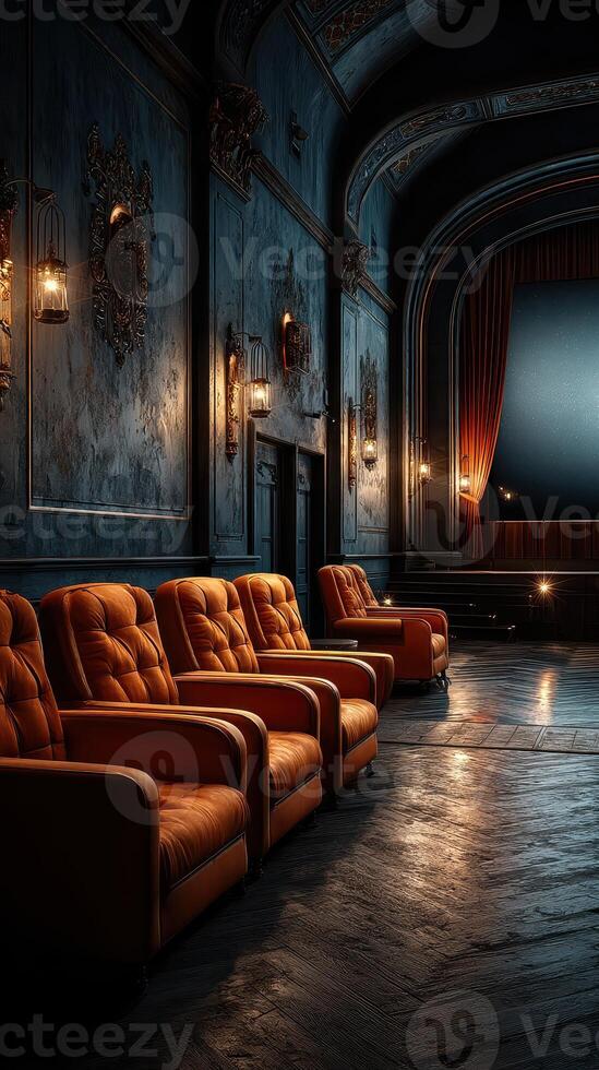 Elegant vintage seating in a dimly lit theater during a private screening event photo