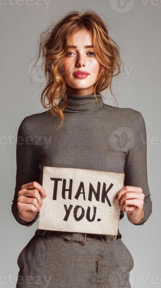 Woman expresses gratitude holding a thank you sign in a studio setting while dressed in a textured outfit photo
