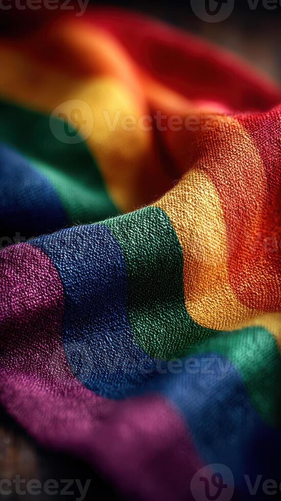 Vibrant rainbow fabric displaying colors of the pride flag on a textured surface in natural light photo