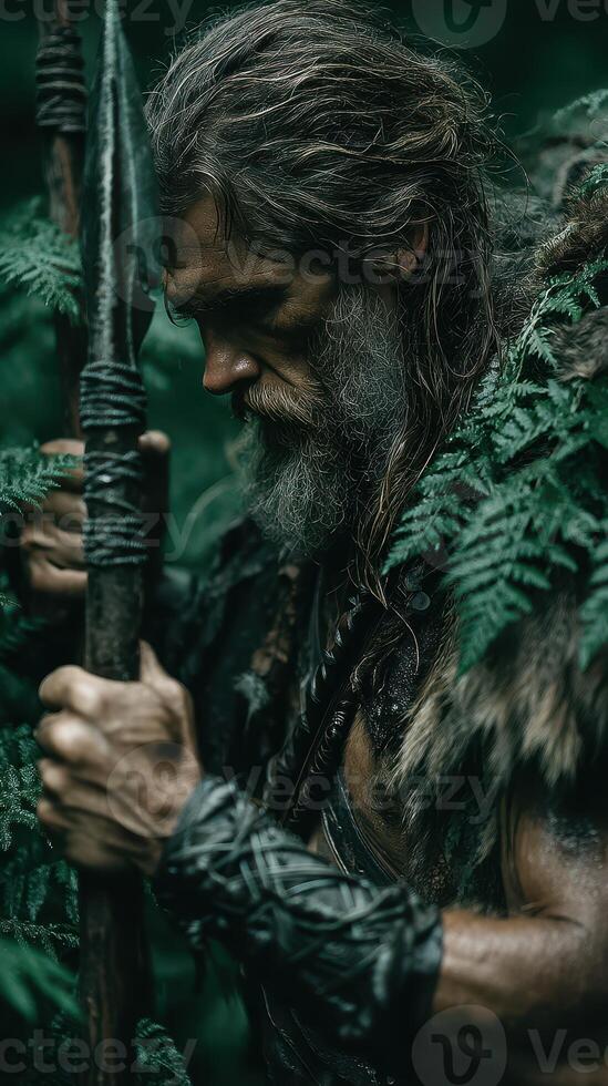 Warrior stands in lush forest, shrouded in ferns, lost in thought during early morning light photo