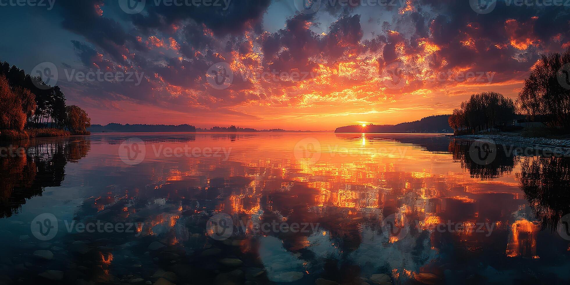 Stunning sunset reflection over a tranquil lake surrounded by trees in a peaceful natural setting photo