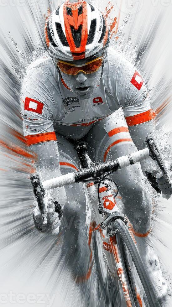 Cyclist racing through water splash during a competitive event on a sunny day photo