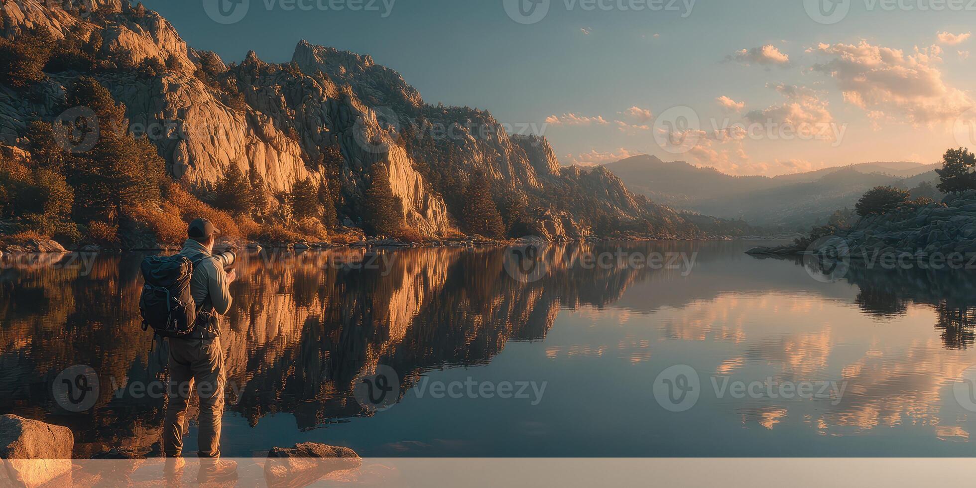 Capturing reflections at sunrise near a serene lake surrounded by mountains in a peaceful wilderness setting photo
