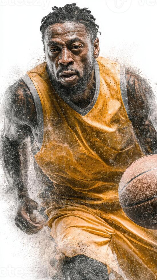 Basketball player dribbles fiercely on the court during a heated game in an indoor arena photo