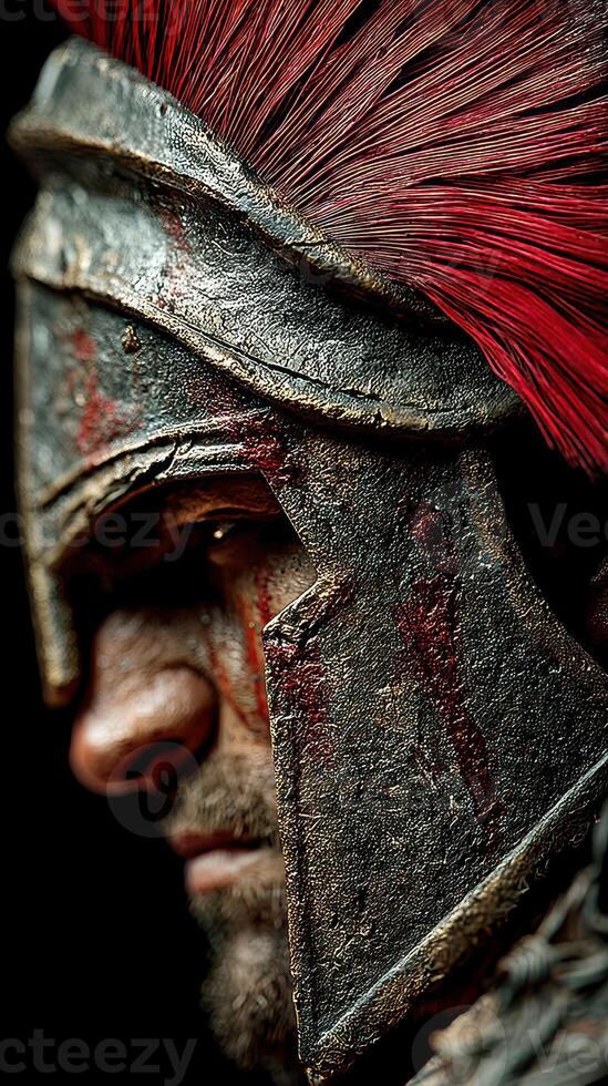 Close-up of a Roman warrior helmet showcasing intricate details and vibrant red plume during a reenactment event in a historical setting photo