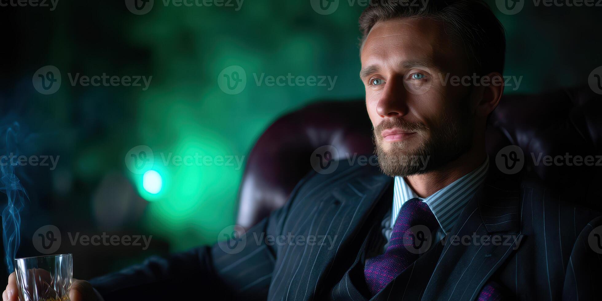 Stylish man in a suit enjoys a drink while seated comfortably in a dimly lit lounge during the evening photo