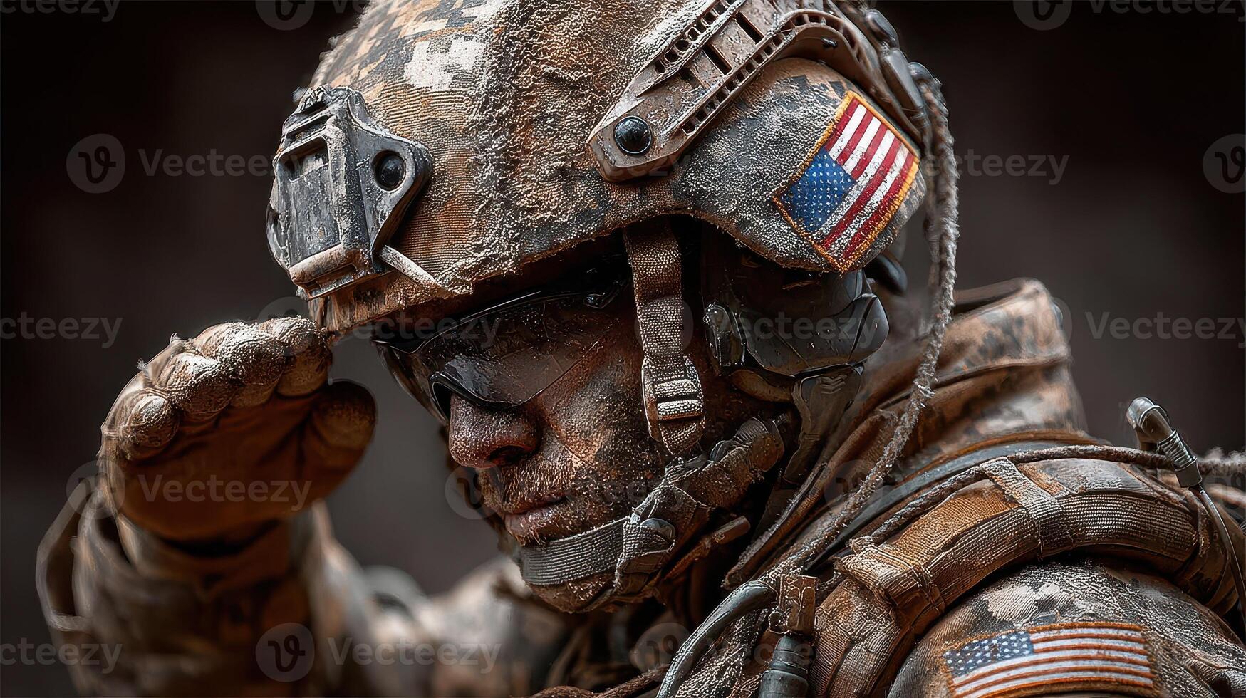Soldier in tactical gear salutes with pride during a challenging mission in a dusty environment photo