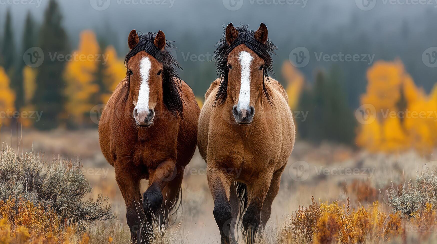 Two brown horses running towards the camera in a colorful autumn landscape with golden trees photo