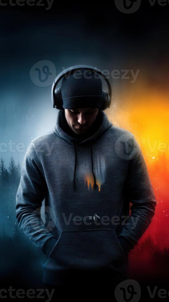 Young man with headphones stands in front of a dramatic backdrop of contrasting colors suggesting serenity and intensity photo