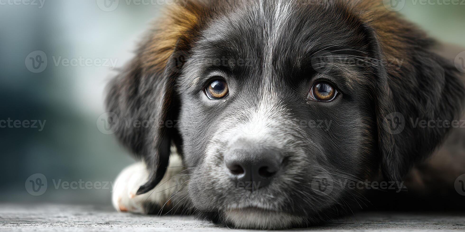 Puppy with soulful eyes resting on a surface during a serene outdoor moment photo