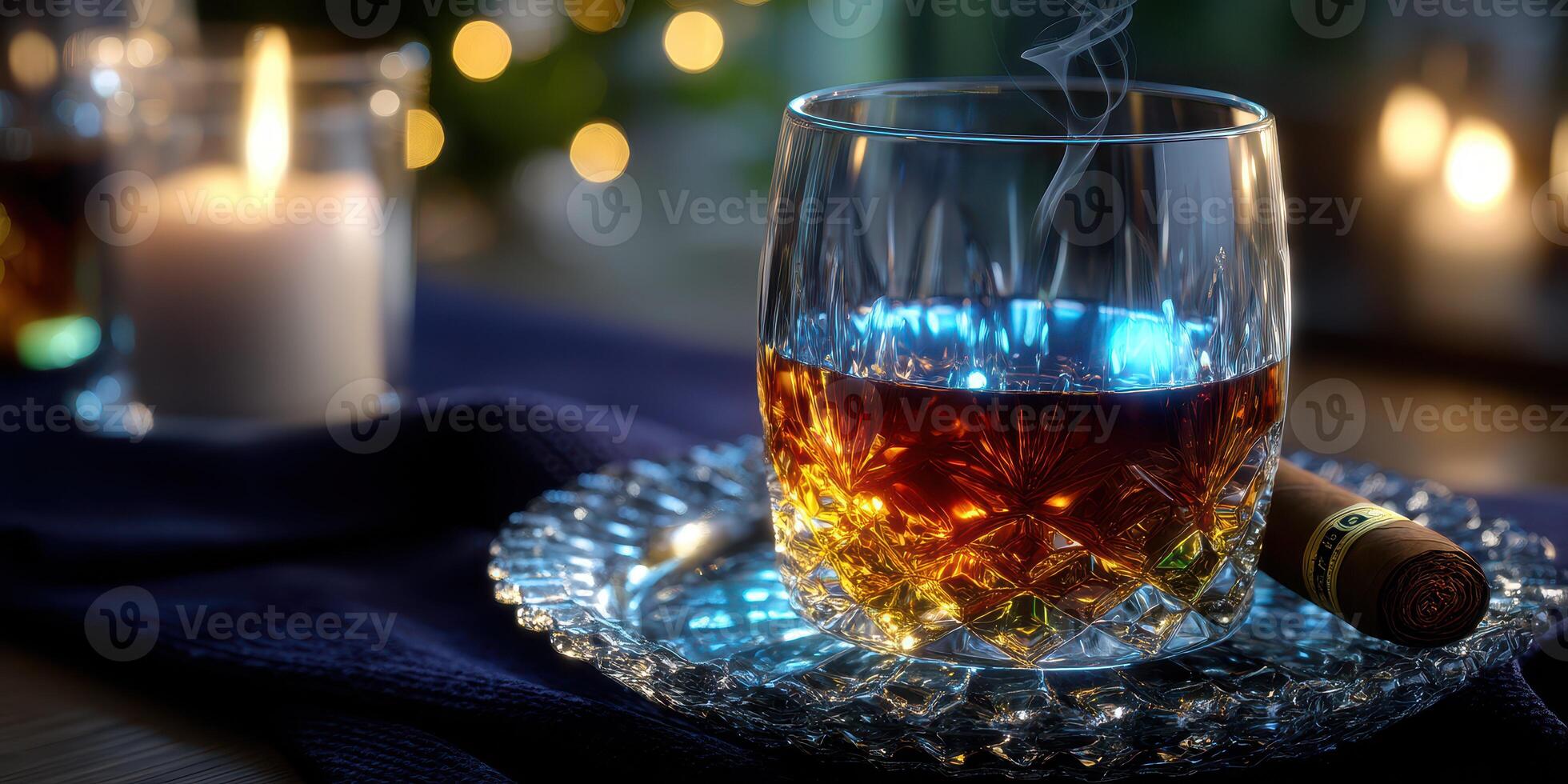 Warm whiskey and cigar combination captured in a cozy setting with ambient lighting during the evening photo