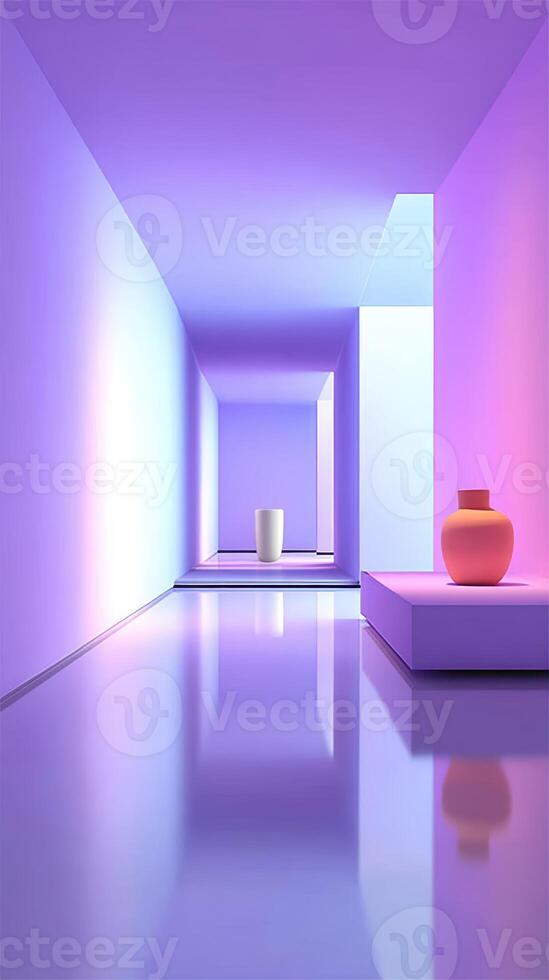 Modern interior corridor with vibrant lighting and minimalist decor creating an artistic atmosphere photo