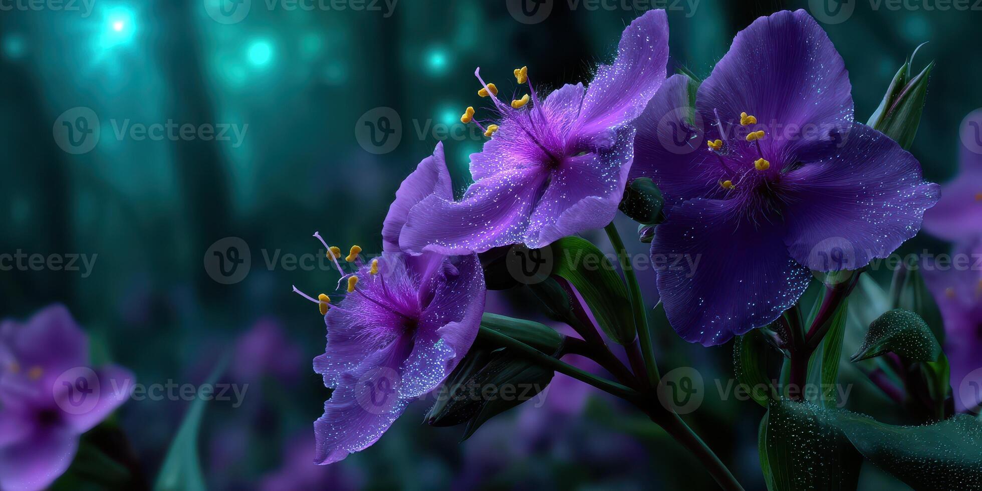 Vibrant purple flowers glistening with dew in a mystical forest during twilight photo