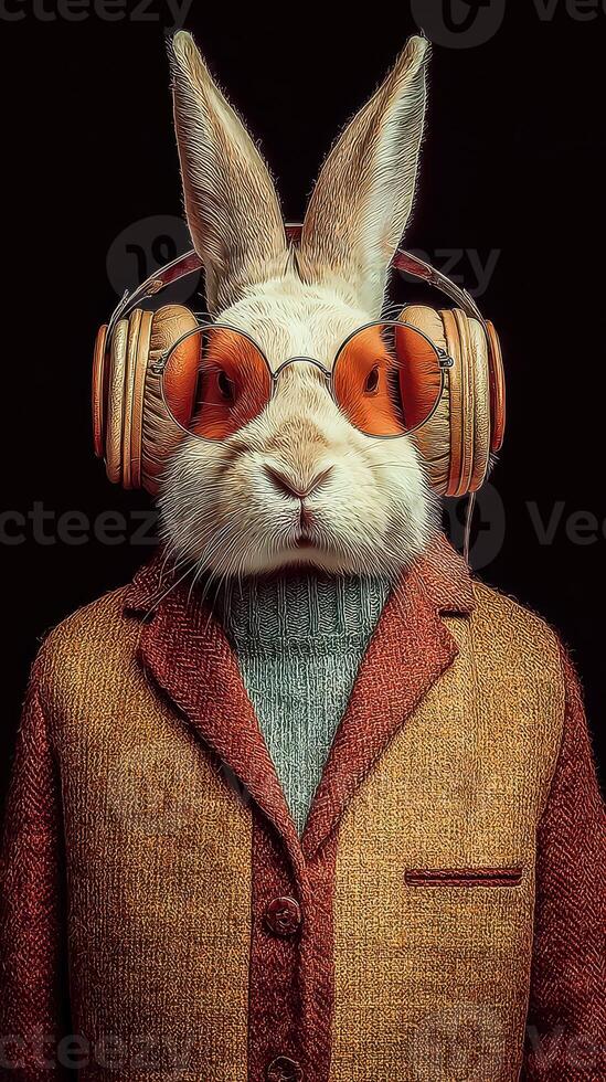 Stylish rabbit wearing headphones and sunglasses poses confidently in a vibrant outfit photo