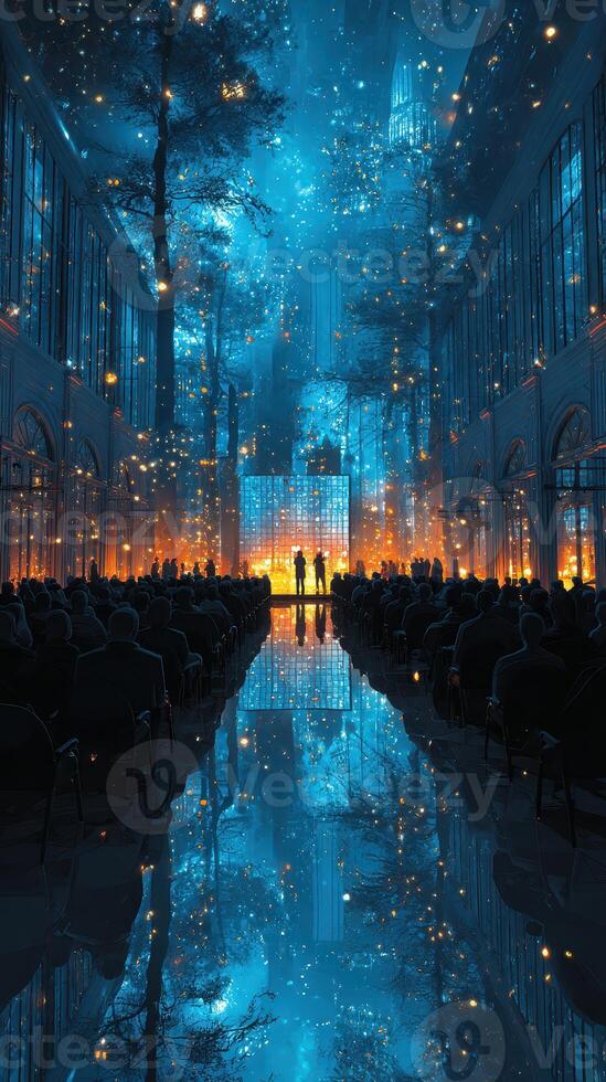 Elegant gathering in a surreal setting with ethereal lights and reflections at dusk photo