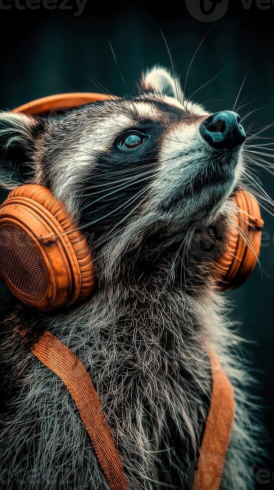 Raccoon wearing headphones enjoys music in a vibrant urban setting during a sunny day photo