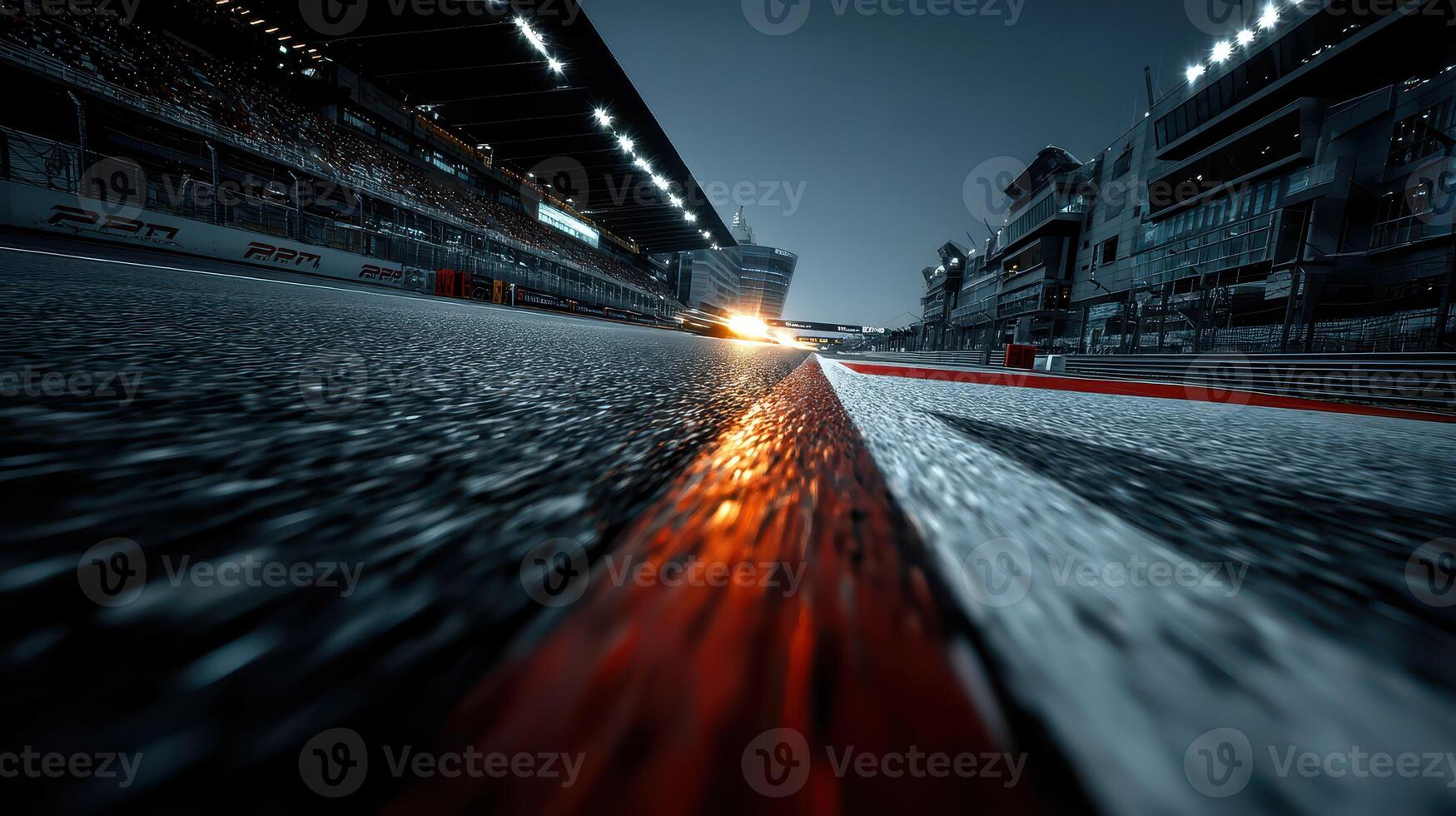 Racetrack at dusk with vibrant lights illuminating the starting grid and moving vehicles during an exciting event photo