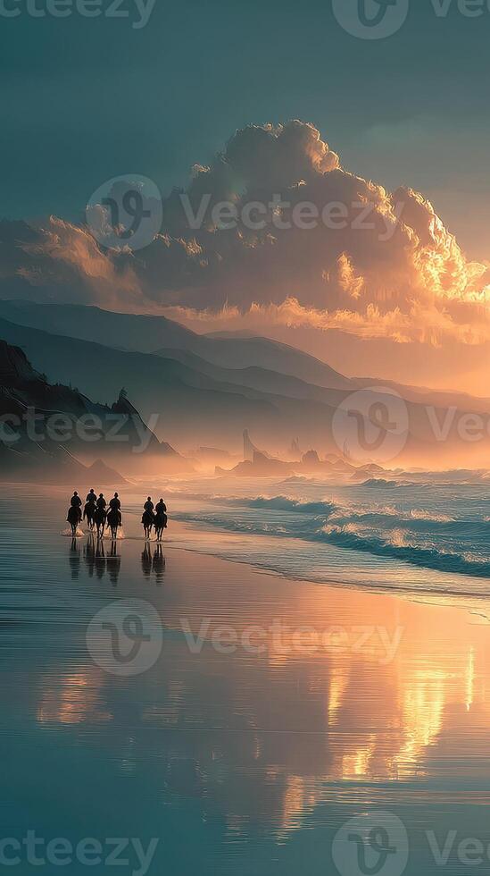 Group of riders on horseback walking along a tranquil shoreline during sunset with mountains in the background photo