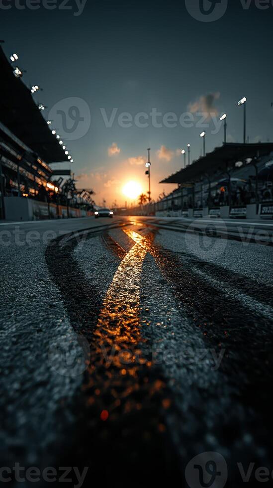 Racing track at sunset with tire marks, highlighting an evening event in a motorsport setting photo