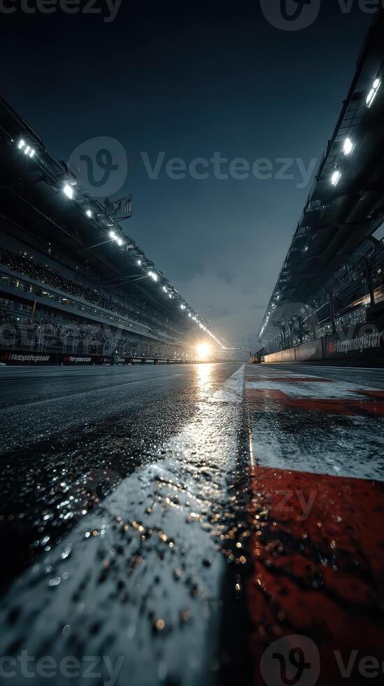 Nighttime racing on a rain-soaked track with bright lights illuminating the circuit photo