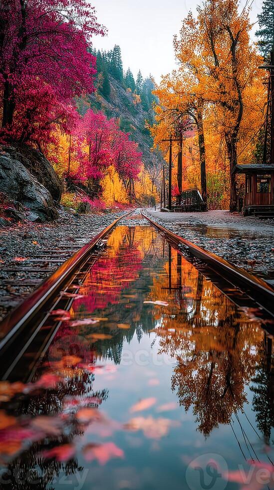 Vibrant autumn colors reflected on a serene train track beside the flowing river photo