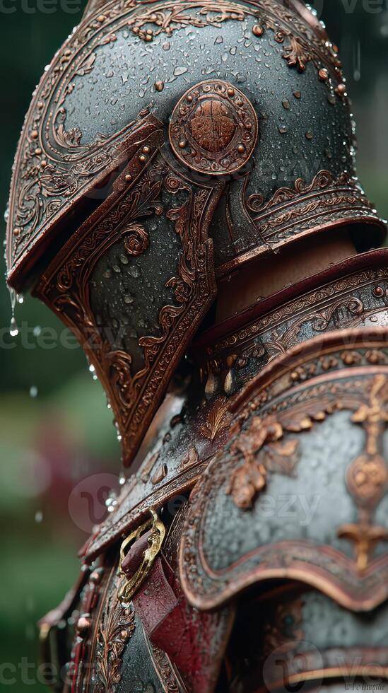 Detailed close-up of ornate armor adorned with droplets captured in the midst of a rainy outdoor setting during daytime photo