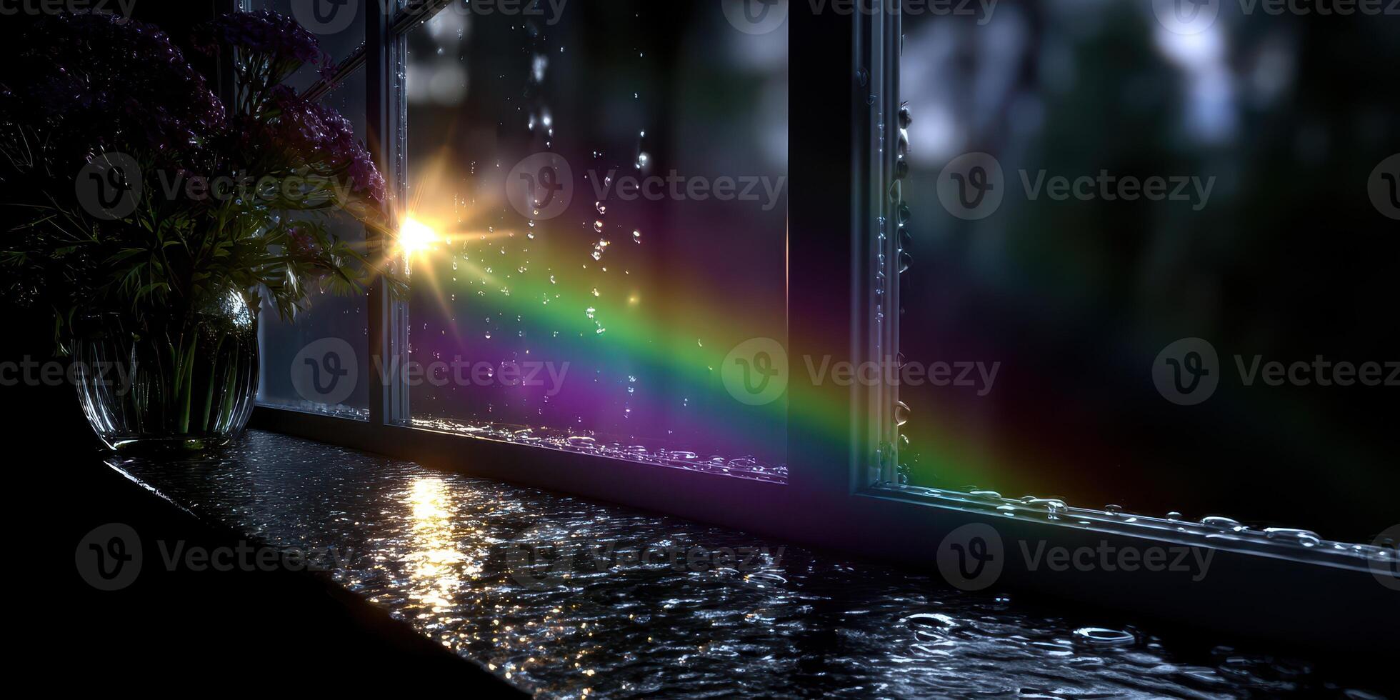 Sunlight streaming through a rainy window creates a rainbow in a cozy indoor setting photo