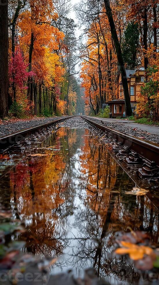 Reflective autumn scene along train tracks surrounded by colorful foliage in a serene forest setting photo