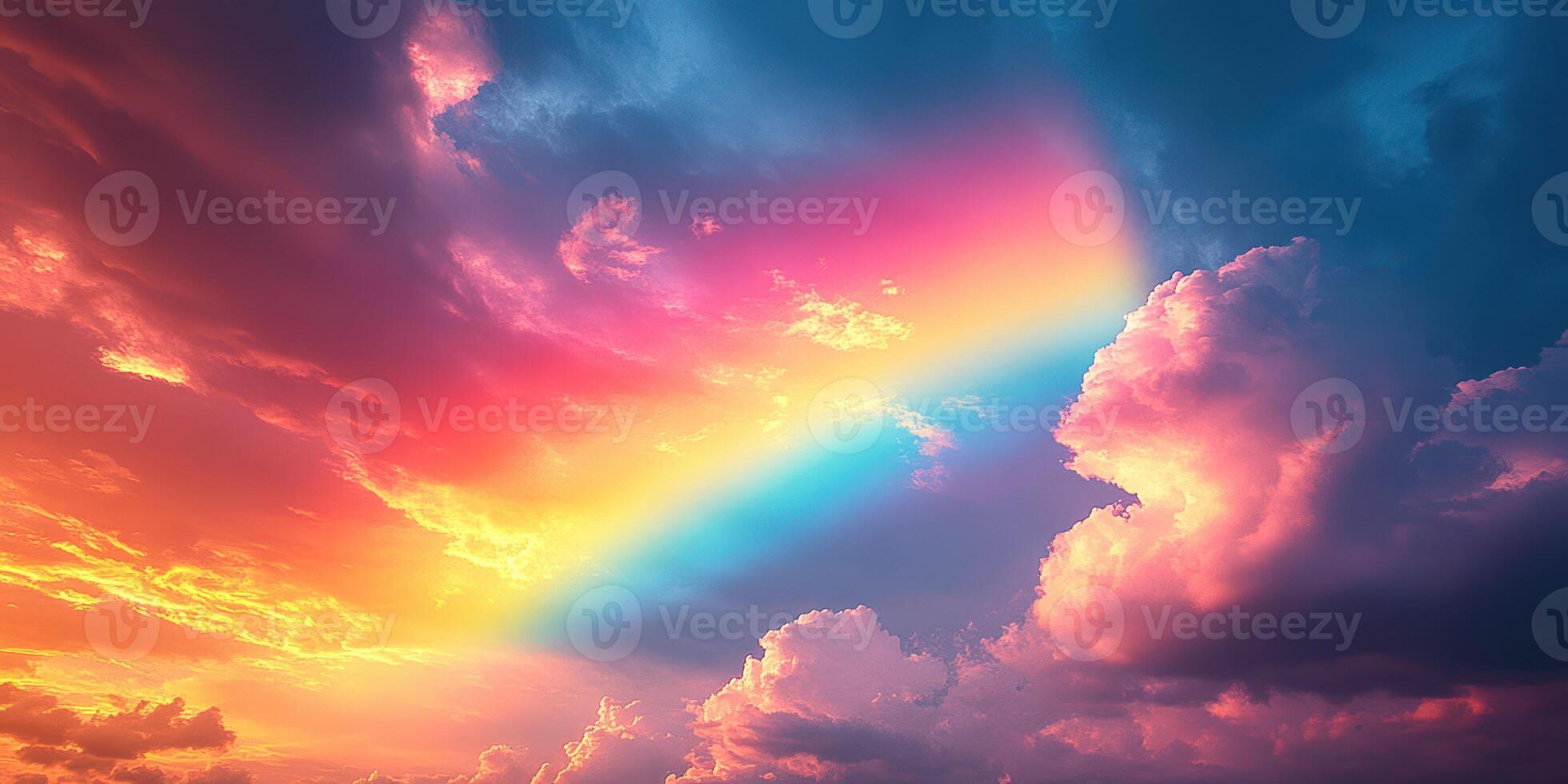 Colorful sunset sky with a rainbow arching over clouds during evening hours photo