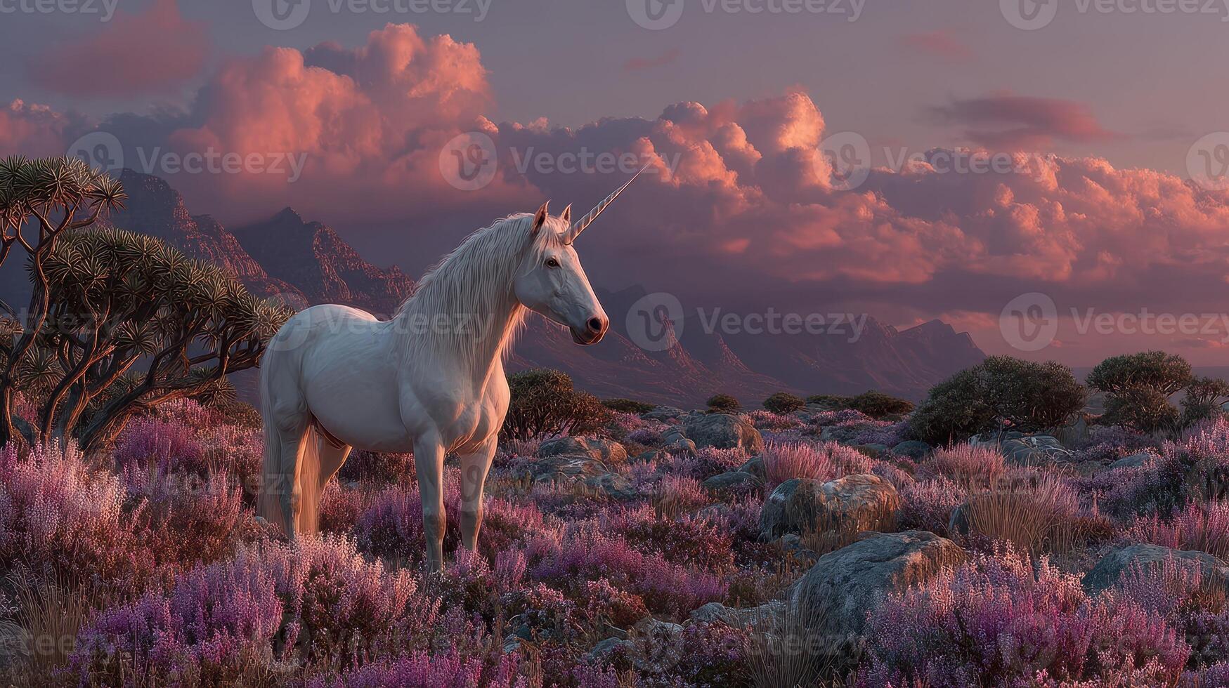Majestic unicorn standing among vibrant purple flowers in a surreal landscape at sunset in a mystical wilderness photo