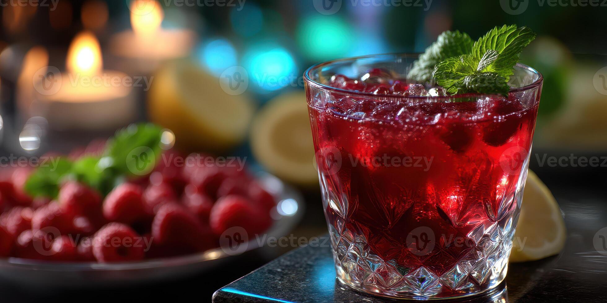Refreshing raspberry cocktail with mint served on a dark table during a cozy evening gathering photo