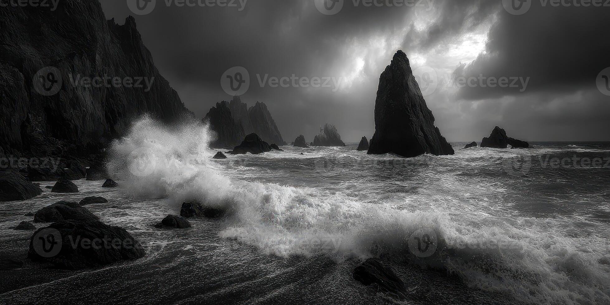 Dramatic coastline with rugged rock formations and crashing waves during a stormy afternoon at the sea photo