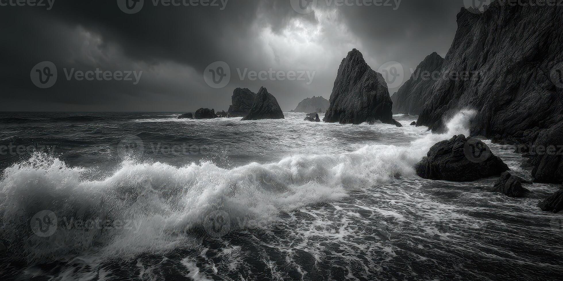 Waves crash against rugged cliffs under dark storm clouds on a remote coast at dusk photo