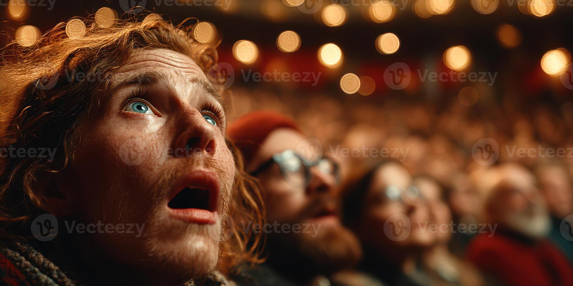 Audience captivated by performance at a theater during an evening show, showcasing emotions and expressions photo