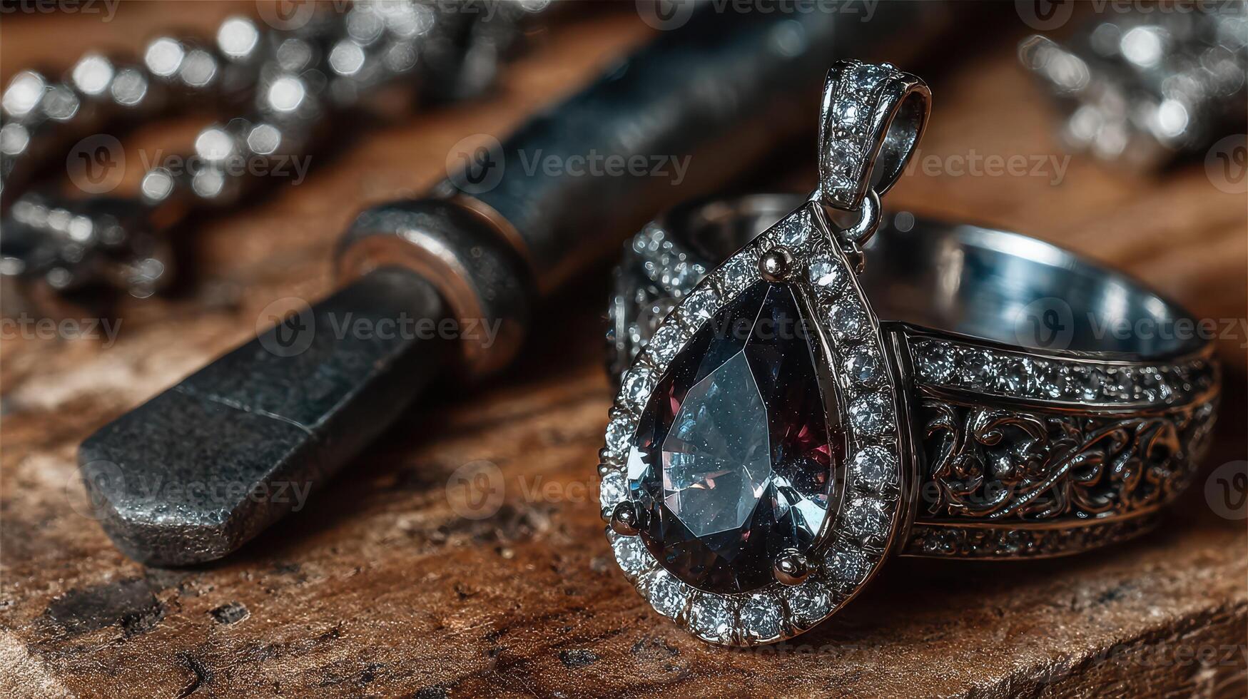 Beautiful vintage ring with a large gemstone displayed on a wood surface beside a crafting tool photo