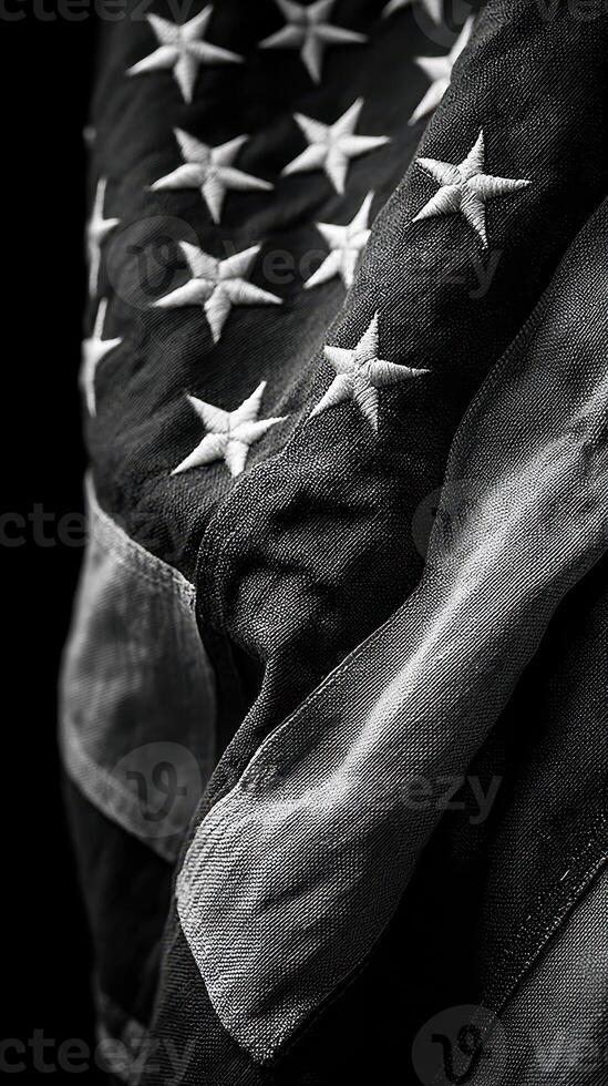 American flag draped in shadows with detailed texture visible against a dark background photo