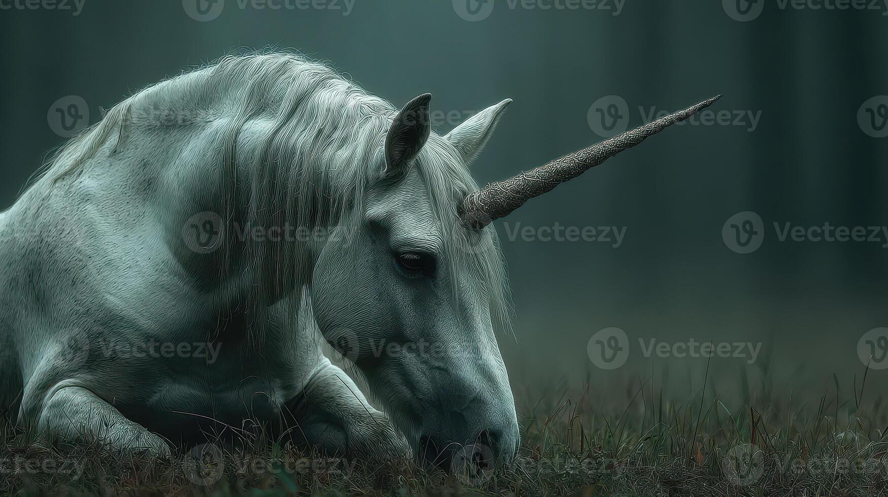 Magical unicorn resting peacefully in a misty forest during twilight hours photo