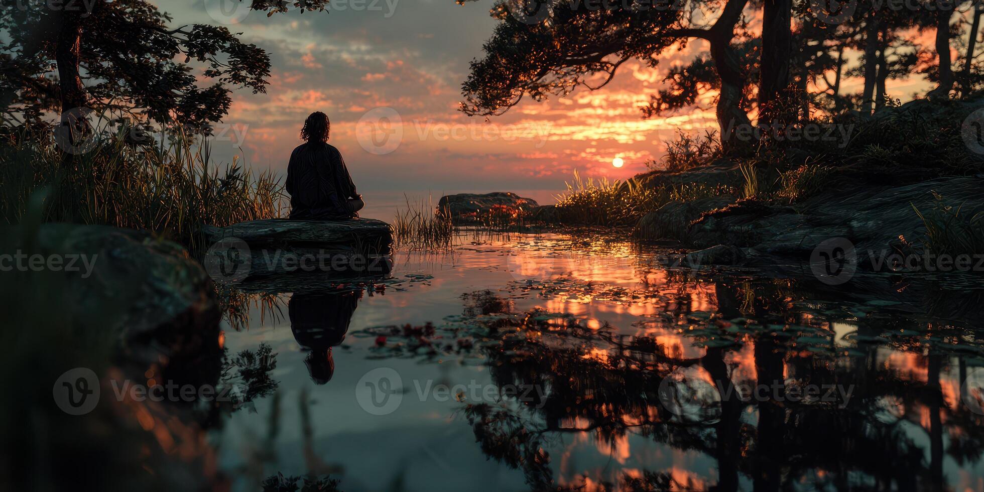 Sunset meditation by the water in a serene natural setting photo